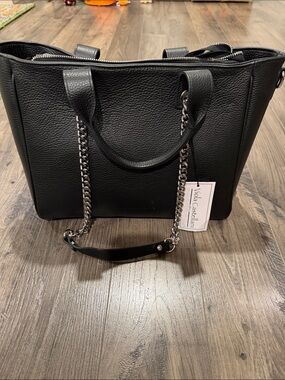 NWT Viola Castellani Black Leather Studded Tote Bag with Chain Strap